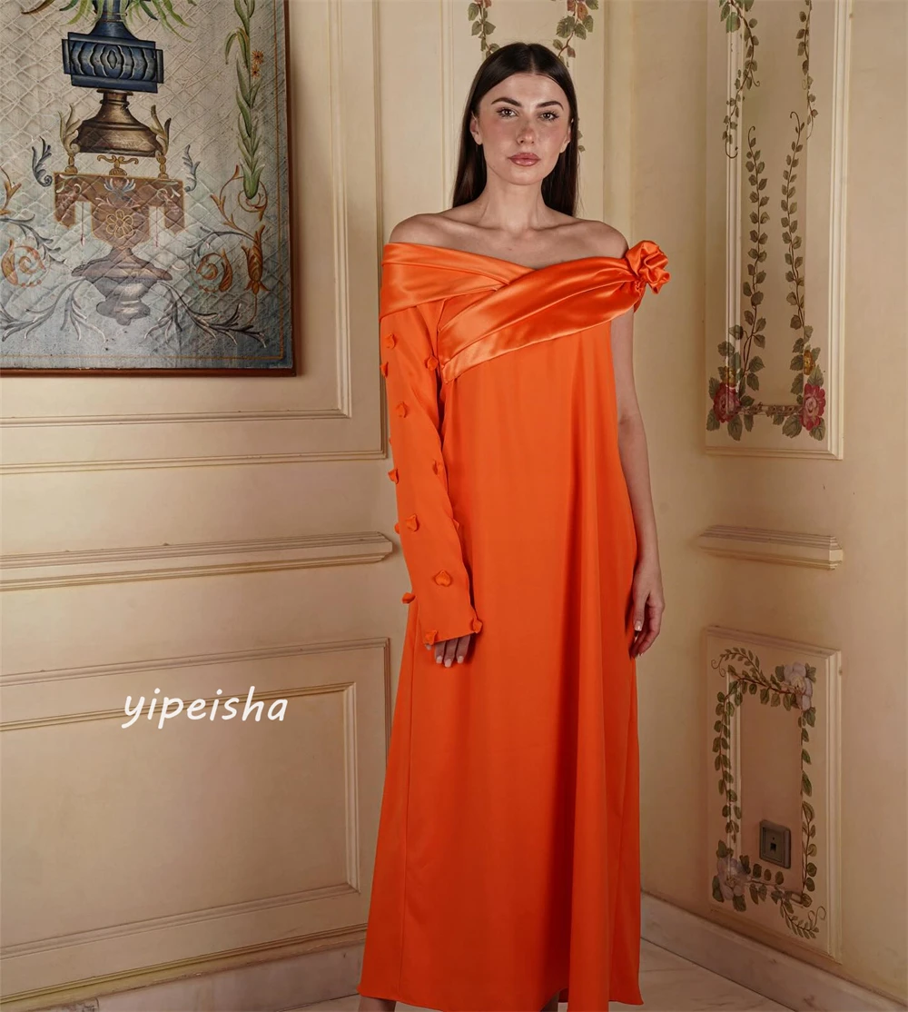 Jersey Flower Draped Pleat Clubbing A-line Off-the-shoulder Bespoke Occasion Gown Long Sleeve Dresses