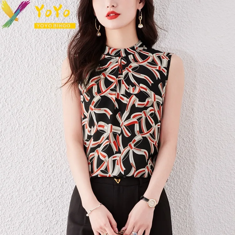 Fashion Women\'s Elegant Chiffon Black Bow Print Blouse Summer New 2024 Sleeveless Pullover Top Office Lady Formal Shirts