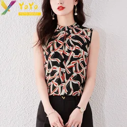 Fashion Women's Elegant Chiffon Black Bow Print Blouse Summer New 2024 Sleeveless Pullover Top Office Lady Formal Shirts