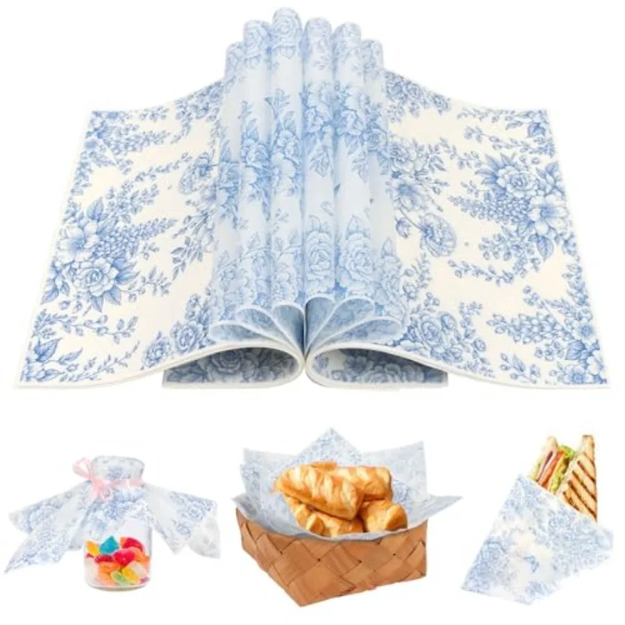 150pcs Blue Floral Wax Paper Sheet for Food Wrapping Chinoiserie Flower Greaseproof Sandwich Wrapping Paper for Picnic Basket L