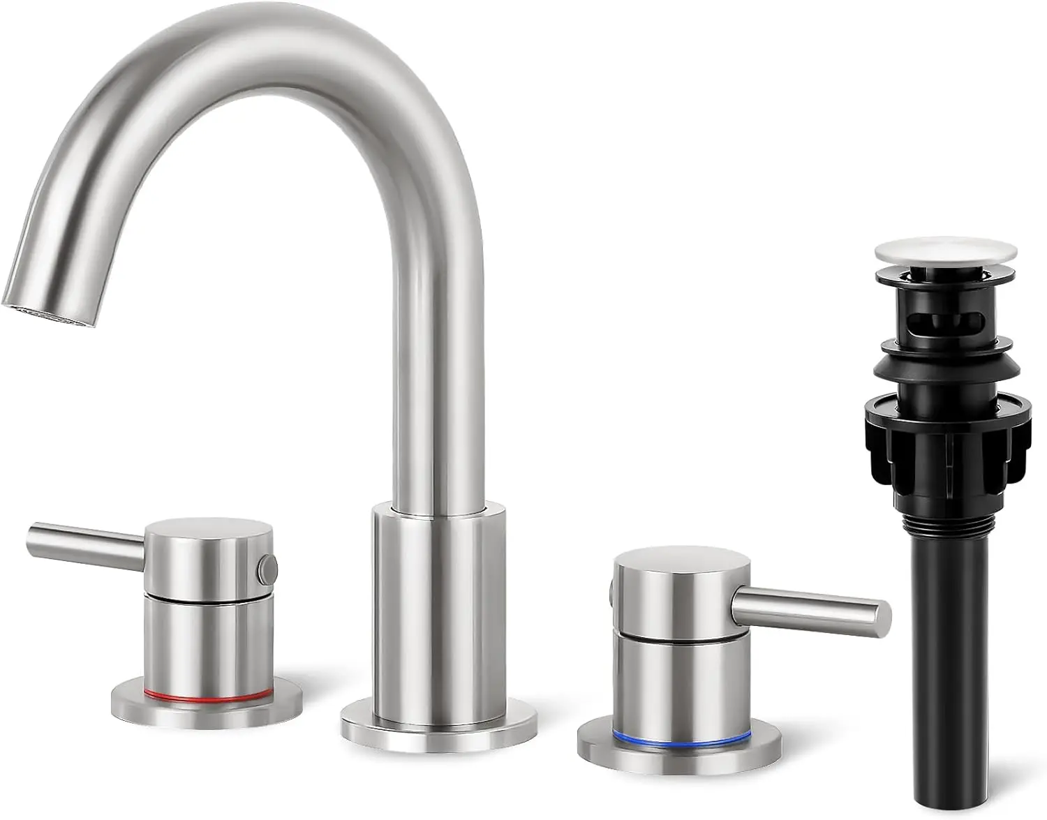 

Brushed Nickel Bathroom Sink Faucet with Pop-Up Drain, 8-Inch Widespread, 360° Swivel Spout