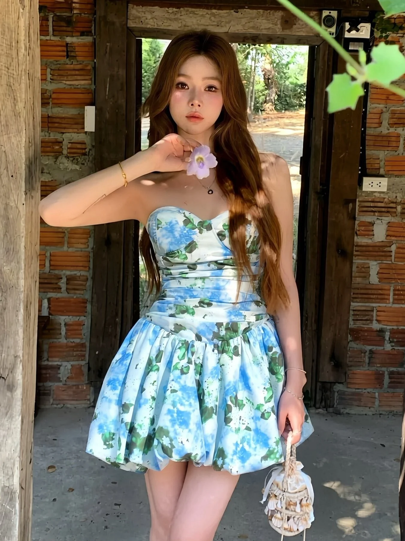 

Burjuman Blue Floral Print Halter Neck Short Dress Summer Sleeveless Waist Cinched Garden Party Women's Sweet Style High Wais...