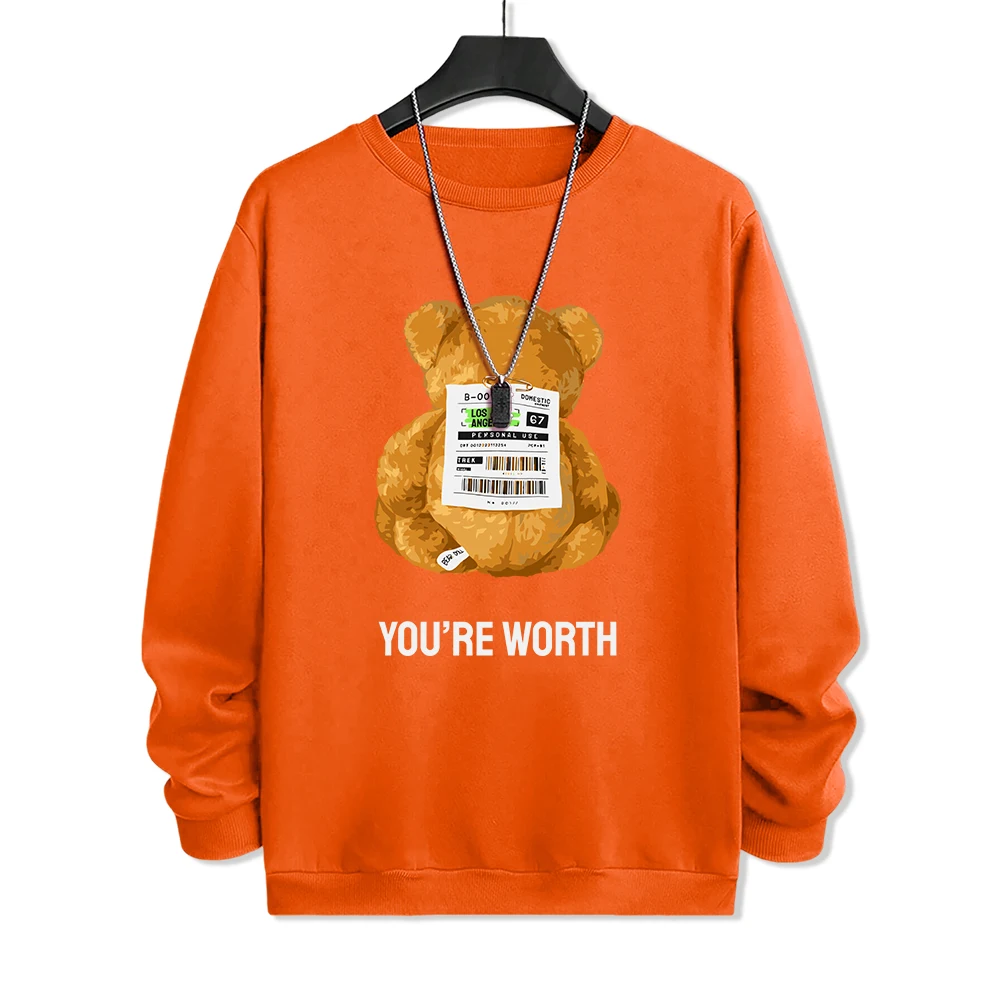 You Are Worth Cartoon Bear Printing Sweatshirt Mens Autumn Fleece Warm Tracksuit Simple S-Xxl Pullover Round Neck Basic Clothing