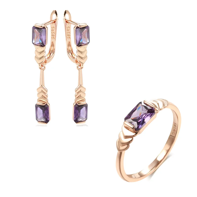 Wbmqda Fashion Square Purple Natural Zircon Earrings Rings For Women 585 Rose Gold Color High Quality Daily Party Jewelry Sets