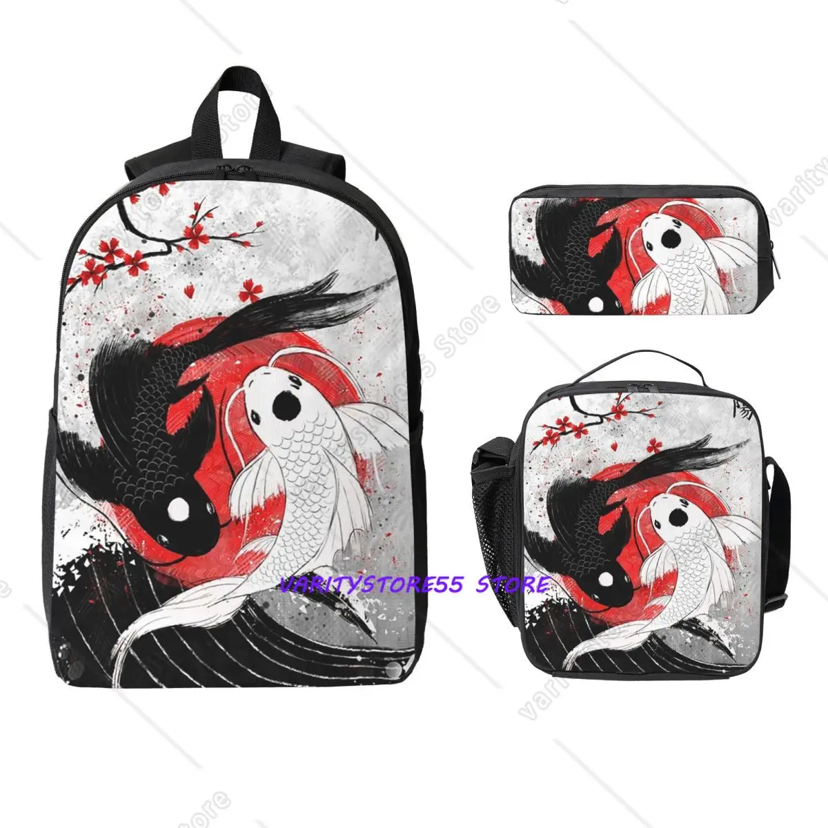 

Koi Fish Yin Yang Backpack Student Boys Girls BookBag School Bag Computer Shoulder Bags 3ps Insulated Lunch Bag Pencil Case