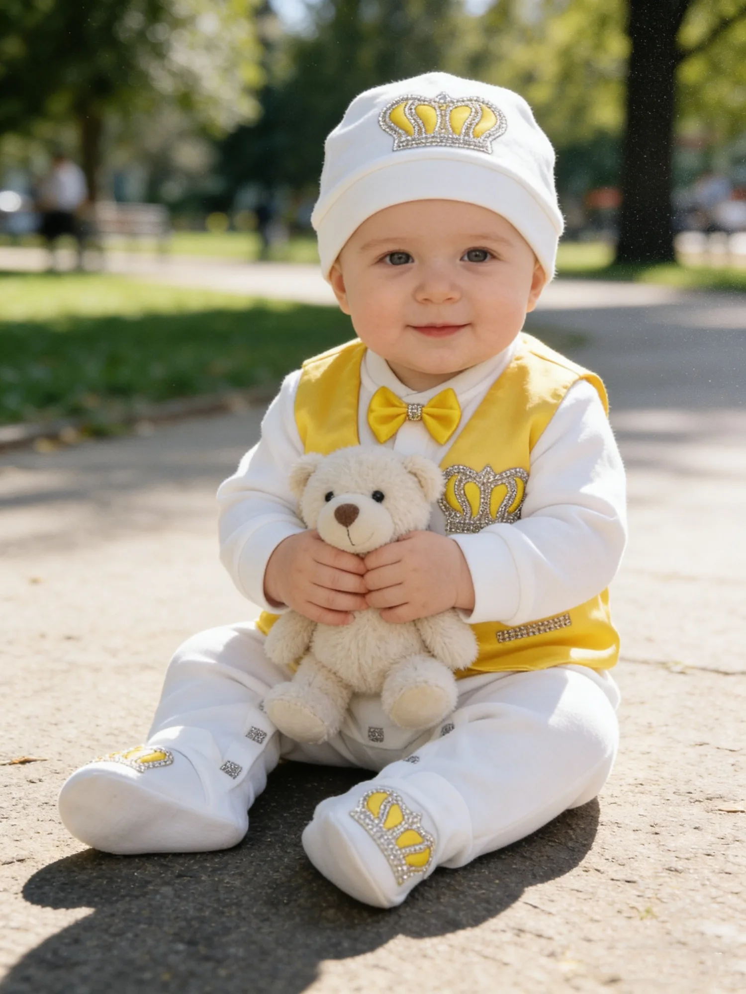 Royal Baby Boy Yellow Crown Set - Satin Vest & Bows - Elegant for Baptism & Special Occasions