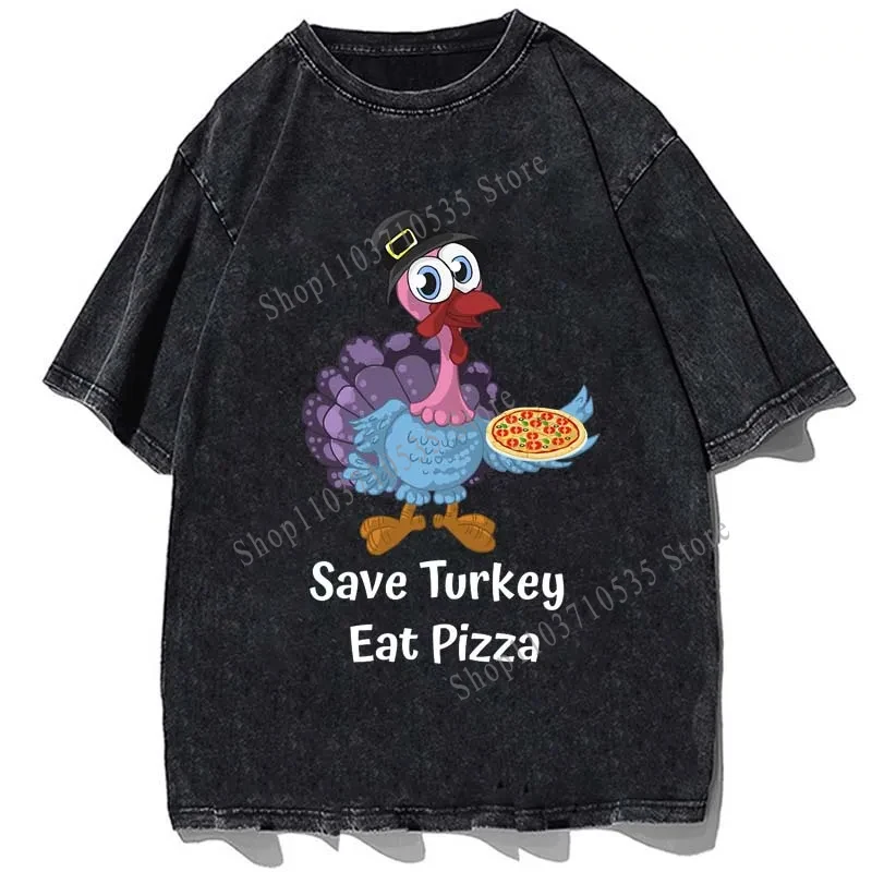 Traje divertido de Acción de Gracias Vegano para hombre, Camiseta con estampado de Pizza y comer pavo, algodón lavado Vintage, camisetas de gran tamaño, Tops Casuales