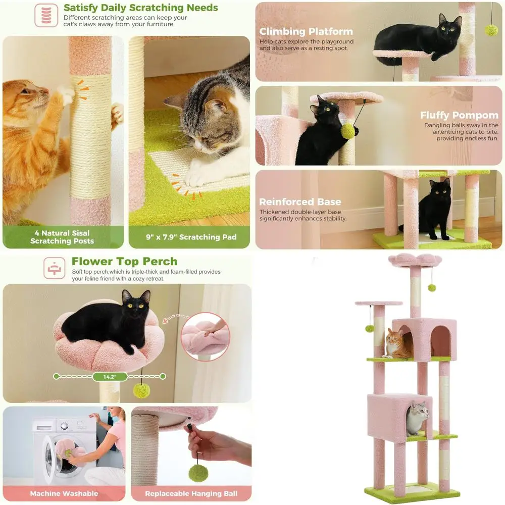 

Кошачья лежанка-башня 62 Pink Flower-Themed с 2 домиками, 2 площадками для отдыха, 4 столбиками для царапания, 1 доской и 2 мячиками
