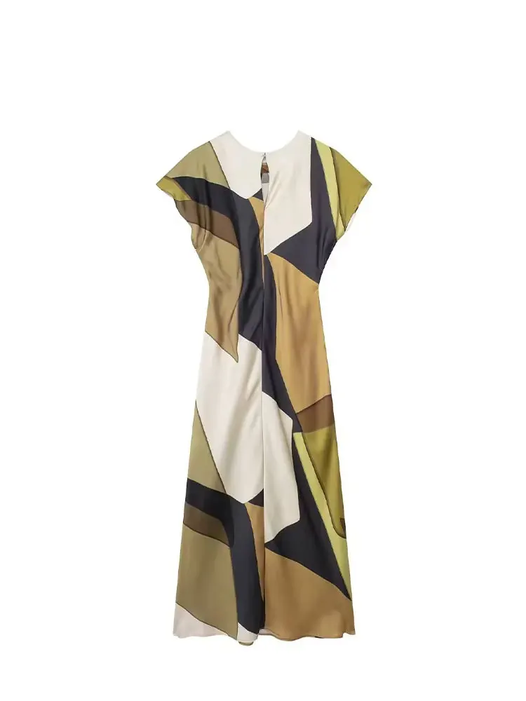 HH 2024 Women\'s Trendy Summer Midi Dresses Back Hollow Out Button Vinatge O-Neck Short Sleeve Elegant Slim Print Dresses