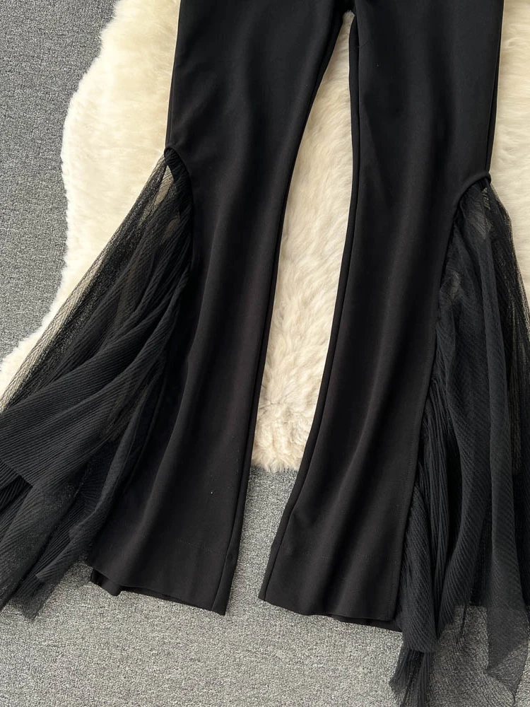 Mesh Spliced Y2k Pants for Women Spring 2023 High Waisted Split Solid Wide Leg Flare Pants Fashion Chic Casual Pants