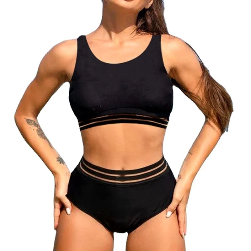 2023 neue zweiteilige Bade bekleidung sexy Solid Mesh Spleiß druck Bikini Badeanzüge String s y2k