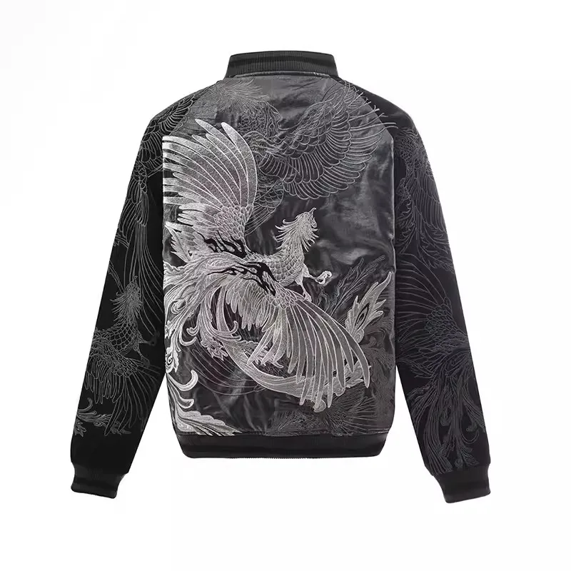 Reversible double-sided Phoenix Suzaku King Heavy Work Embroidered Men Boys Yokosuka Glossy Satin Sukajan Souvenir Jacket