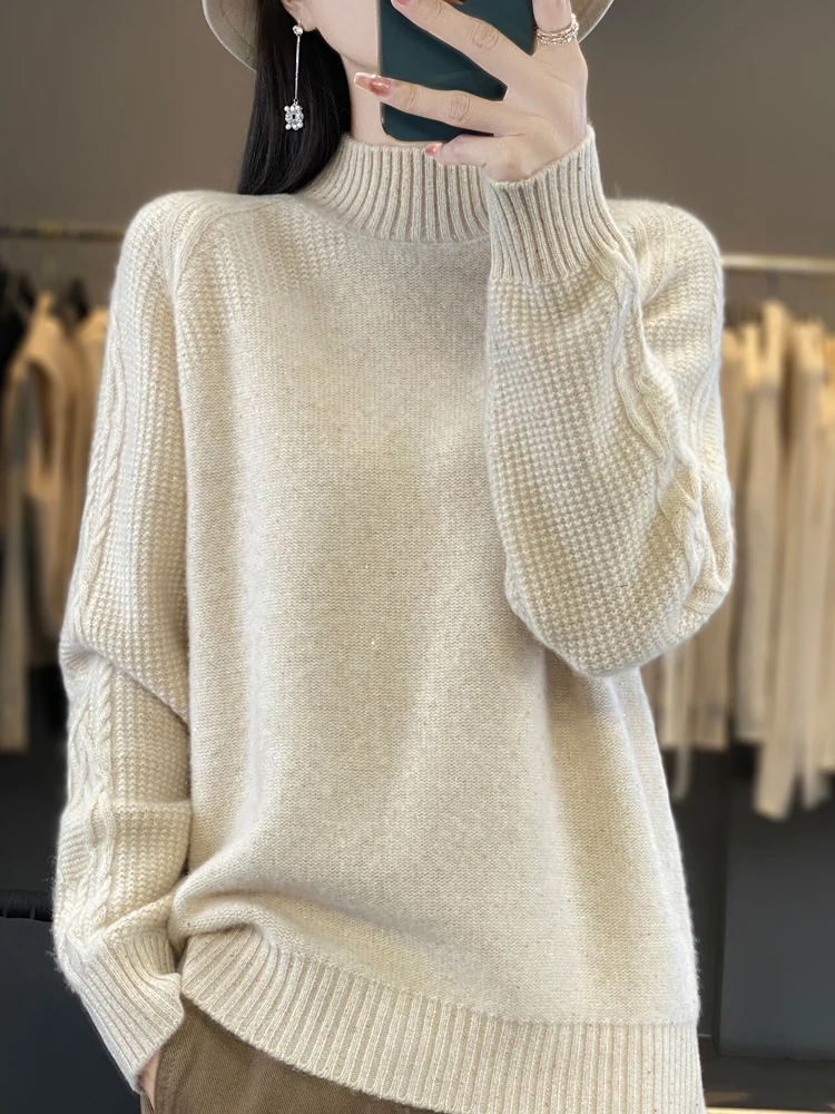 

New Chic Autumn Winter Women's Mock Neck Pullover Sweater 100% Merino Wool Thick Soft Warm Solid Color Casual Clothes FashionTop