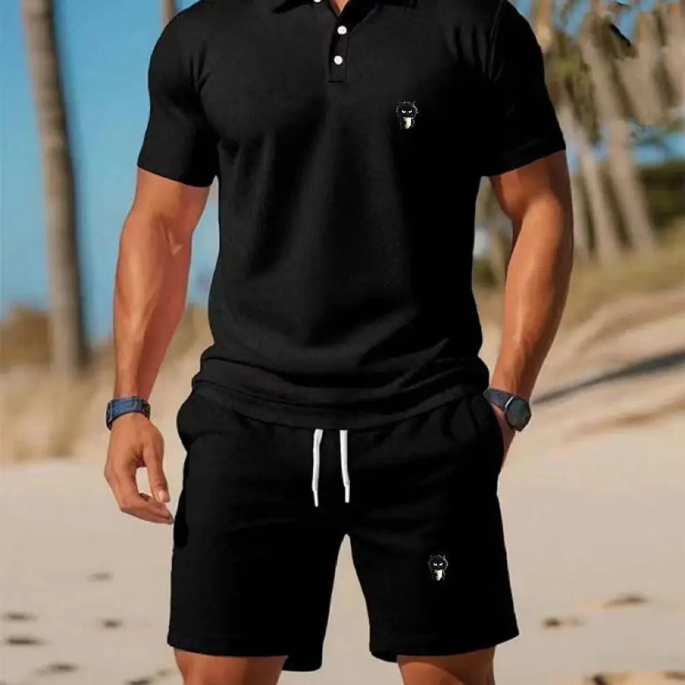 Summer Men's Streetwear 2 Piece Set polo-Neck T-Shirt+Sports Shorts Quick Dry Fitness Gym Running Suit Hot Sale Fashion Casual view 3