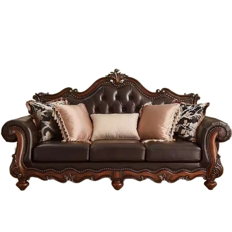 American leather sofa, retro all solid wood first-layer cowhide combination in the living room, luxury villa furniture