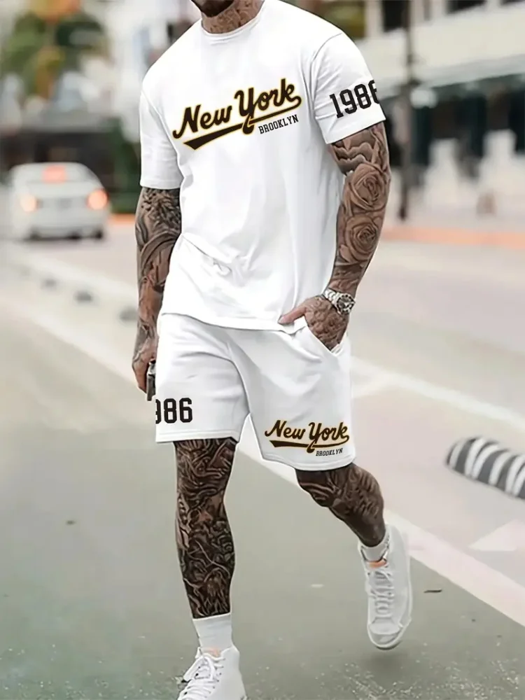 Men's Casual Short Sleeve Set Unique New York Letter Print Short Sleeve Shorts 2 Pieces Fashion Outdoor Street Wear