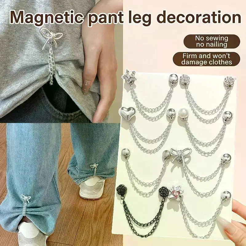 Strong Magnetic Trouser Cuff Clips with Firm Non Slip Grip and Cute Chain Decor Perfect for Jeans Length Adjustment Daily Wear