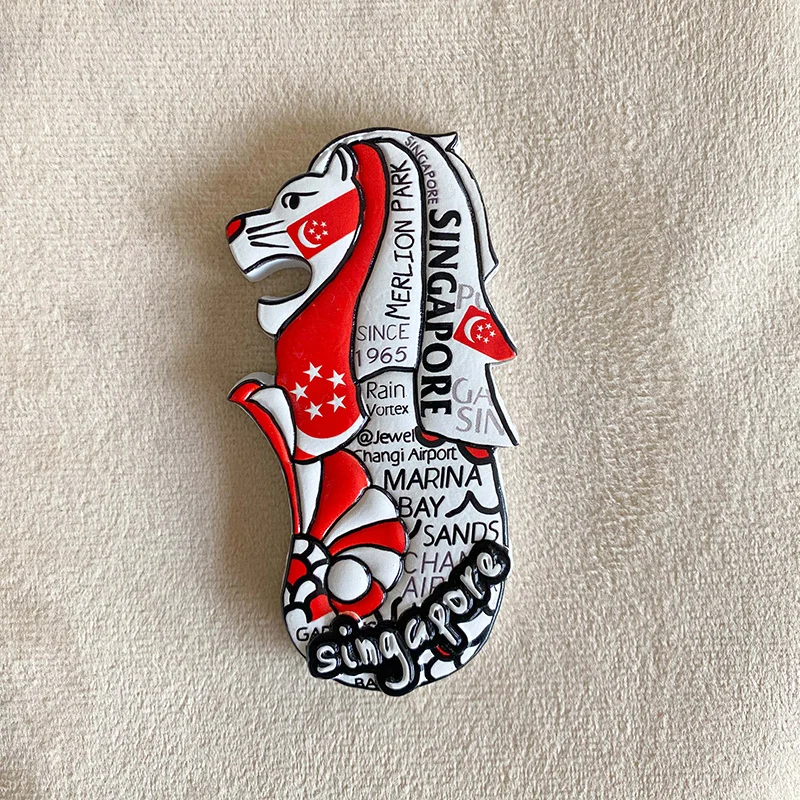 Pamiątki turystyczne z Singapuru, dekoracja 3D z ludzkim ciałem, syrenim ogonem i flagą narodową, mocne magnesy na lodówkę.