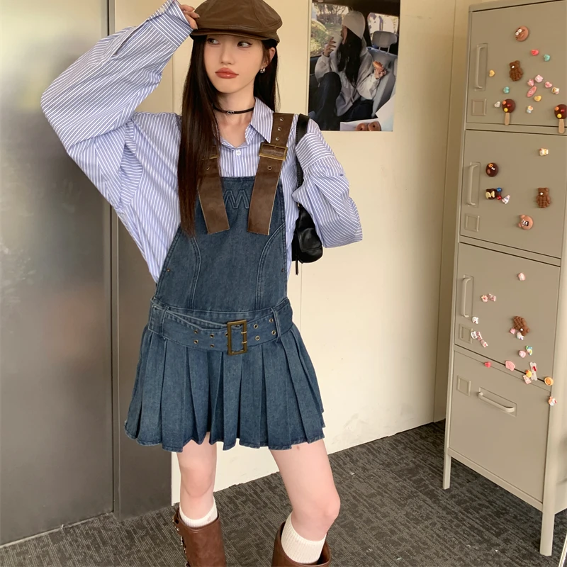 Robe à bretelles spaghetti en denim vintage pour femmes, chemises rayées à manches longues, mini robe plissée, style universitaire imbibé, Harajuku, Y2K