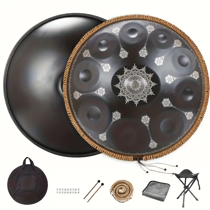 

Высококачественный хэндпан 432 Гц с резным узором, черный, 10 нот, D-минор, стандартный хэндпан для выступлений, для йоги и медитации