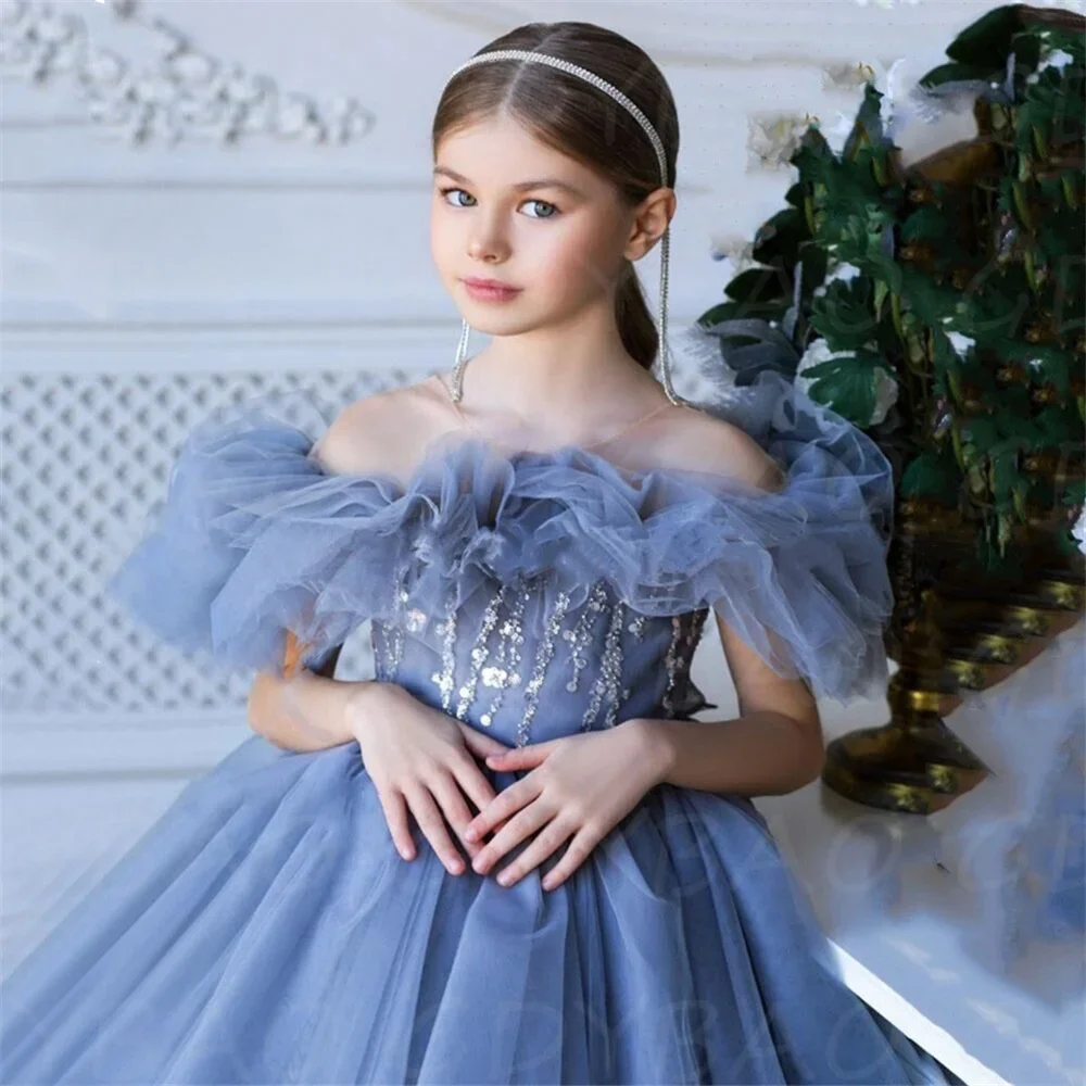 Tulle Ruffles Glitter Sequins Flower Girl Dresses For Wedding 2023 Princess Off Shoulder Knee Length First Communion Gowns