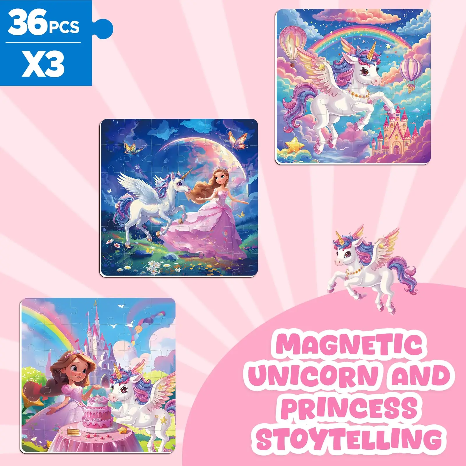 Juego de rompecabezas magnético para niños, juguetes educativos coloridos, rompecabezas plegable de unicornio para preescolar, dinosaurio sirena de viaje, 36x3 Uds.