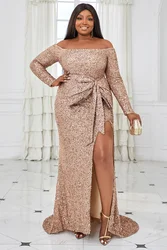 Women's Plus Size Evening Dress Sequin Sparkly Split Sexy with Belt Bow Cocktail Wedding Guest Long Dress Autumn Elegant Dress