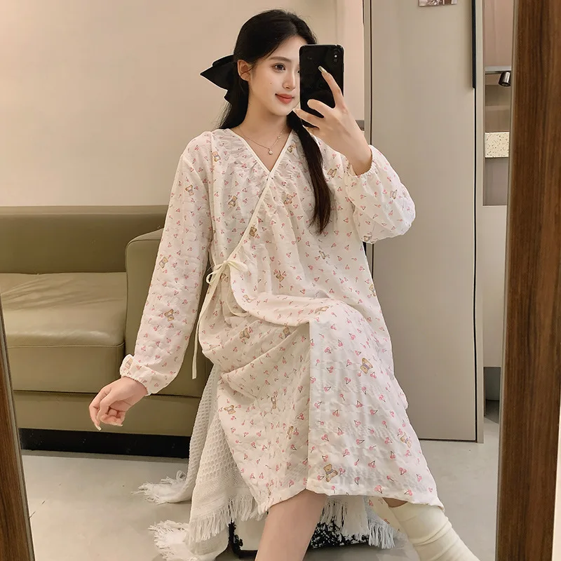 Summer Cloud Cotton Kimono Maternity Nursing NIghtgown Long SLeeve Breastfeeding Gown Loose Casual Maternity Check Up Dress