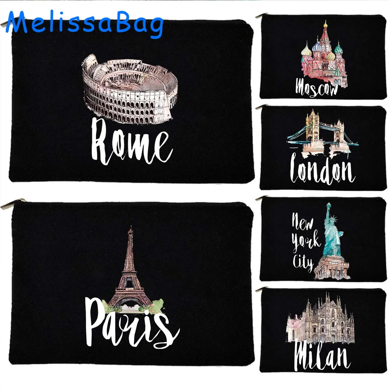 

Milan Moscow Netherlands New York Paris Taj Mahal Egypt San Francisco Berlin London Canvas Cosmetic Makeup Bag Pencil Case Pouch