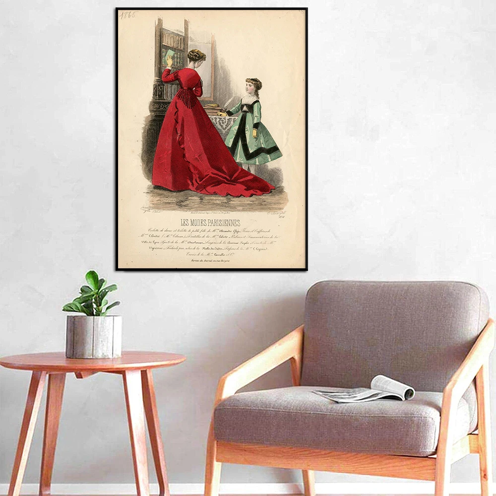 Women 1865 Painting Vintage Wall Art Canvas Prints Les Modes Parisiennes Poster Fashion Dress Book Plate Picture for Room Decor