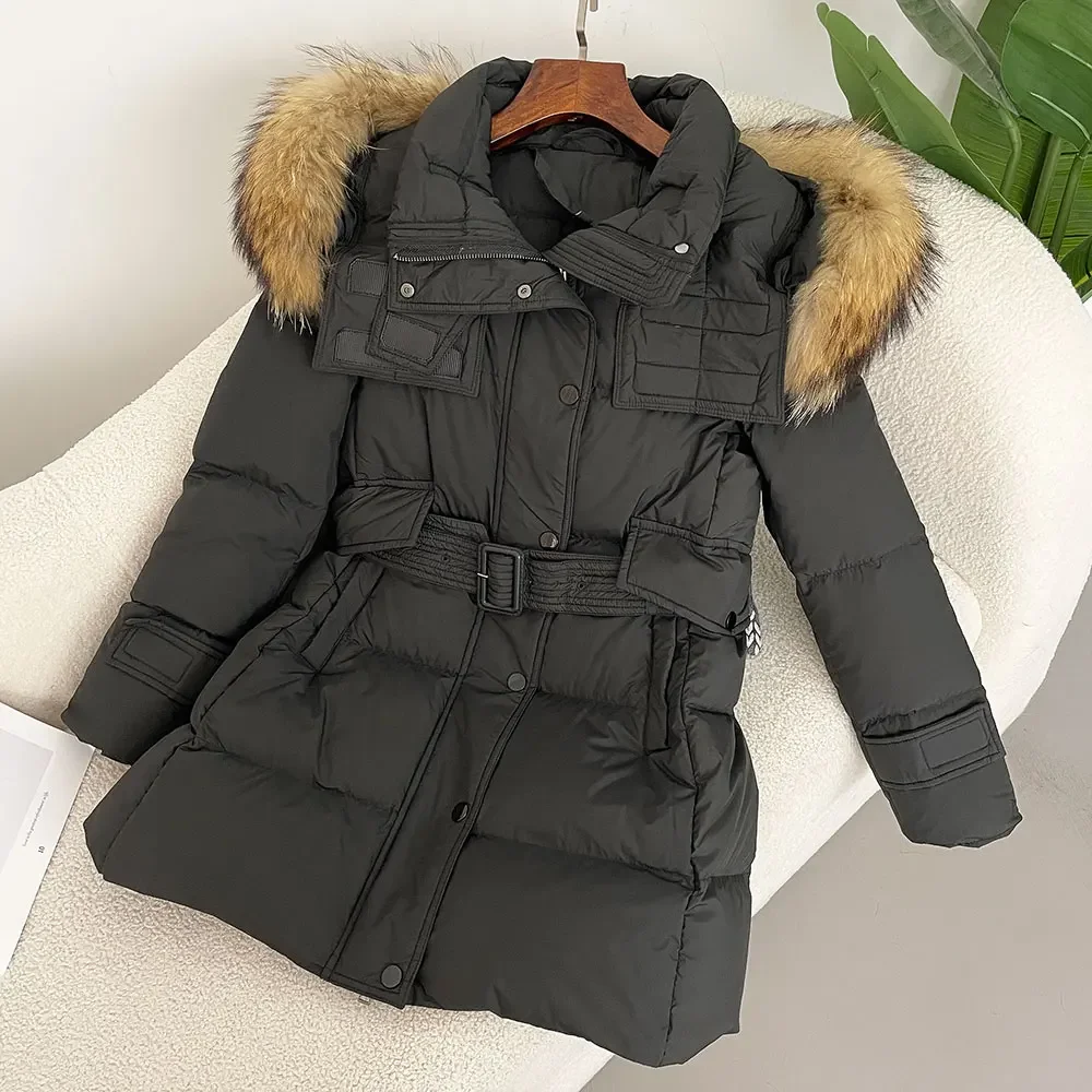 جاكيت بغطاء رأس من فرو الراكون والثعلب الطبيعي للنساء ، معطف سميك دافئ ، جاكيت منتفخ طبيعي ، بطة بيضاء ، حزام ، جديد ، شتاء ،