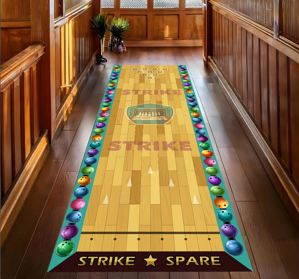 Colorful Bowling Lane Strike Spare Wooden Texture runner rug hallway entry foyer game room basement cabin loft washable mat