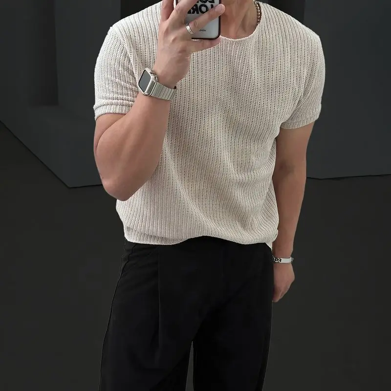 Breathable Knitted Short-sleeved T-shirt Men's 2026 Summer Thin Round Neck Loose Casual