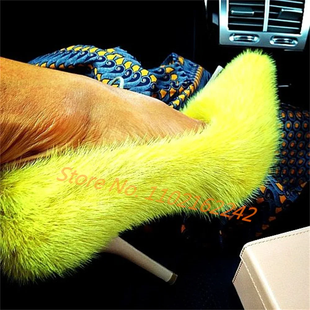 

Женские элегантные туфли-слипоны на высоком каблуке с желтым мехом для подиумных показов, большие размеры