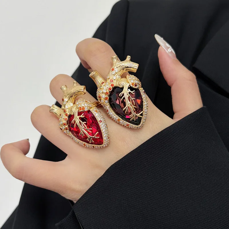 Unique Organ Heart Wide Band Ring Inlaid Large Red Cubic Zirconia Open Adjustable Statement Ring
