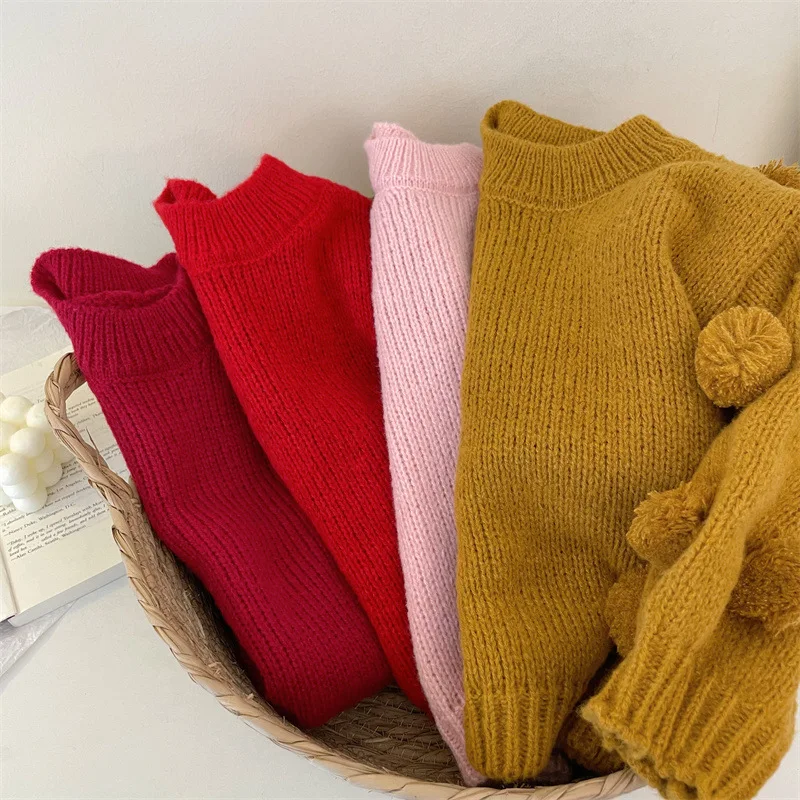 Girls\' sweater 2023 autumn new children\'s foreign style lantern sleeve hairball sweater baby thickened line winter clothing 1-9Y