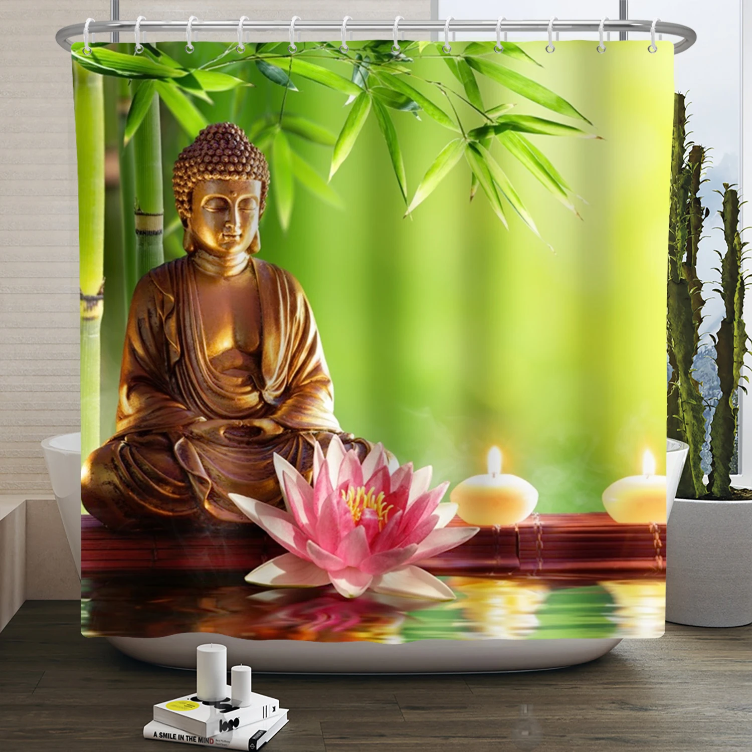 Zen Spa Lotus Japanese Meditation Shower Curtain Basalt Stones Herbal Oil Scent Candles Bamboo Water Home Decor Waterproof Set