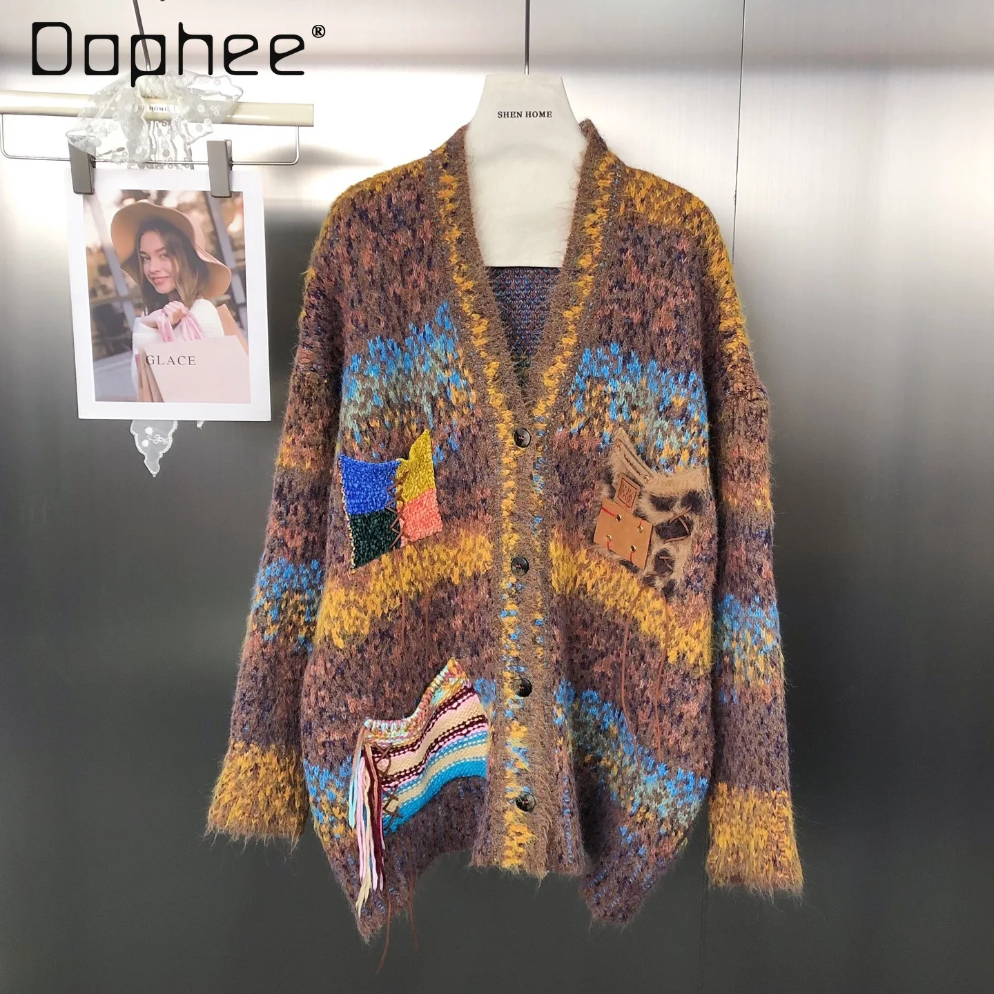 

Oversized Sweater Women Vintage Style Gradient Personality Pocket Loose V-Neck Sweater Coat for Women Knitted Cardigan