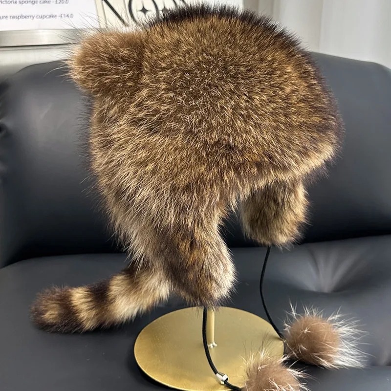 Unisex Fashion Genuine Raccoon Fur Hat With Pompoms Fluffy Winter Hat Windproof For Skating And Snow Outdoor Cold Weather Hat