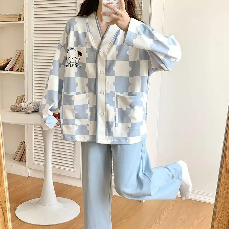 

Женский пижамный комплект Sanrio Hello Kitty, хлопковая одежда для сна для студентов, для дома и улицы, новая милая пижама с длинными рукавами, весна-осень