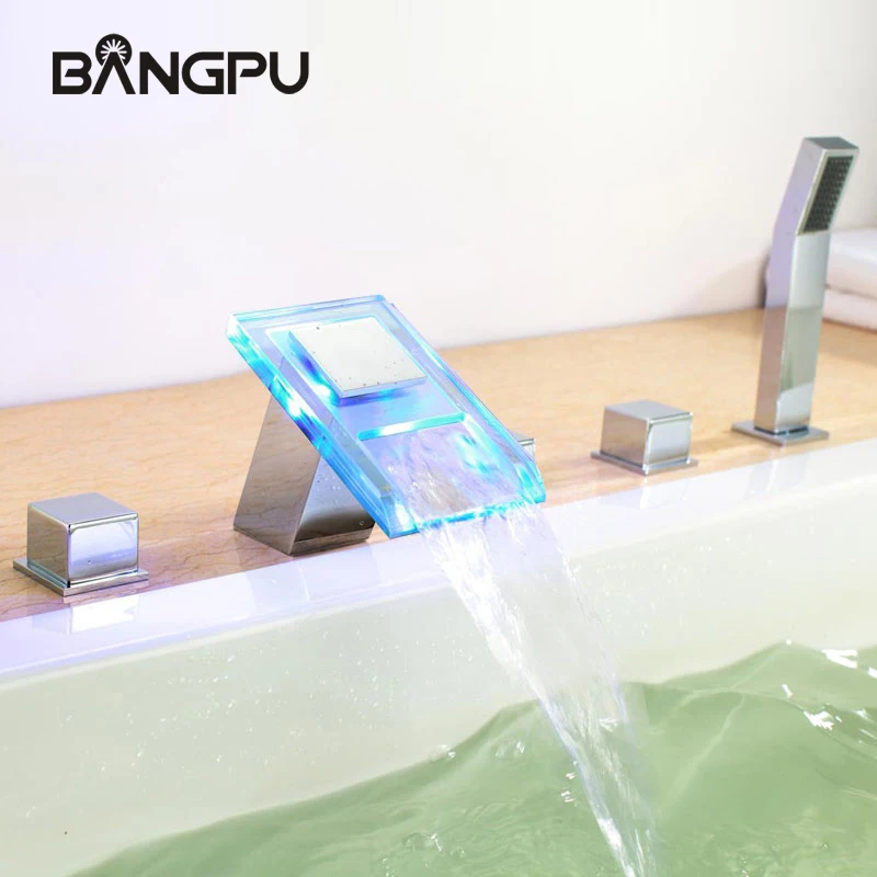 

LED Waterfall Tub Faucet with Sprayer Deck Mounted 5 Hole Bathtub Faucet Set Roman Tub Faucet Combo with Handheld Shower Chrome