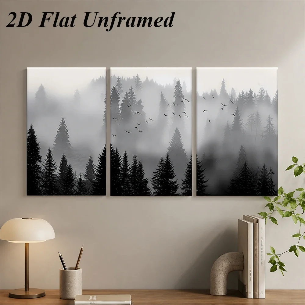 3pcs frameless canvas painting 1 set of Forest Mist Triple Unframed Decorative Painting with Black, White, and Gray Artistic Lan