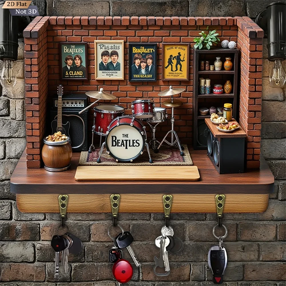 2D Flat, 1pc, Retro Rock Style Key Hook, Wooden Multi-Functional Home House Key Hook, With Four Metal Hooks, Wall Decor
