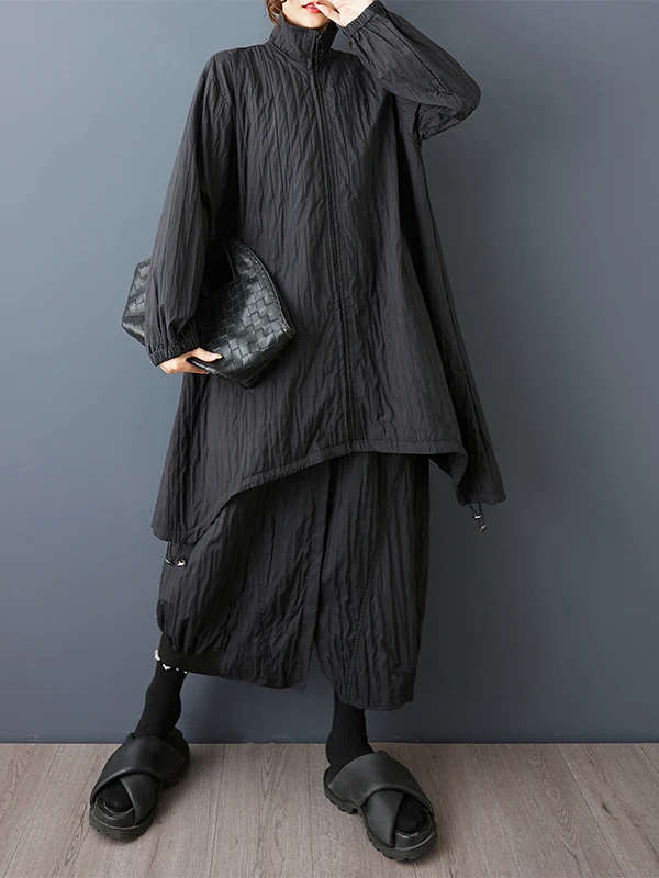 

Autumnal Pleated Loose Midi Windbreaker Jaet with Large kets And f Skirt Set Women's Faion Ensemble Casual Sle