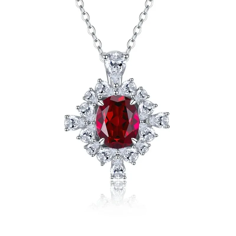 قلادة من الفضة عيار 925 متألقة من الياقوت مرصعة بالألماس قلادة نسائية فاخرة على الموضة الراقية سلسلة مجوهرات الزفاف ذات الياقة الحمراء