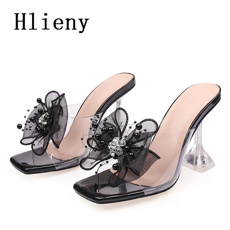 Hlieny Size 34-46 Summer New Slippers Fashion Bowknot High Heels Sandals Women Square Toe PVC Transparent Party Shoes Black