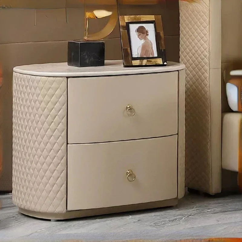 

Outstanding Luxury Solid Wood Oval Night Stands Modern Leather Wrapped Simple Bedside Table With Slate Storage Cabinet For Bedro