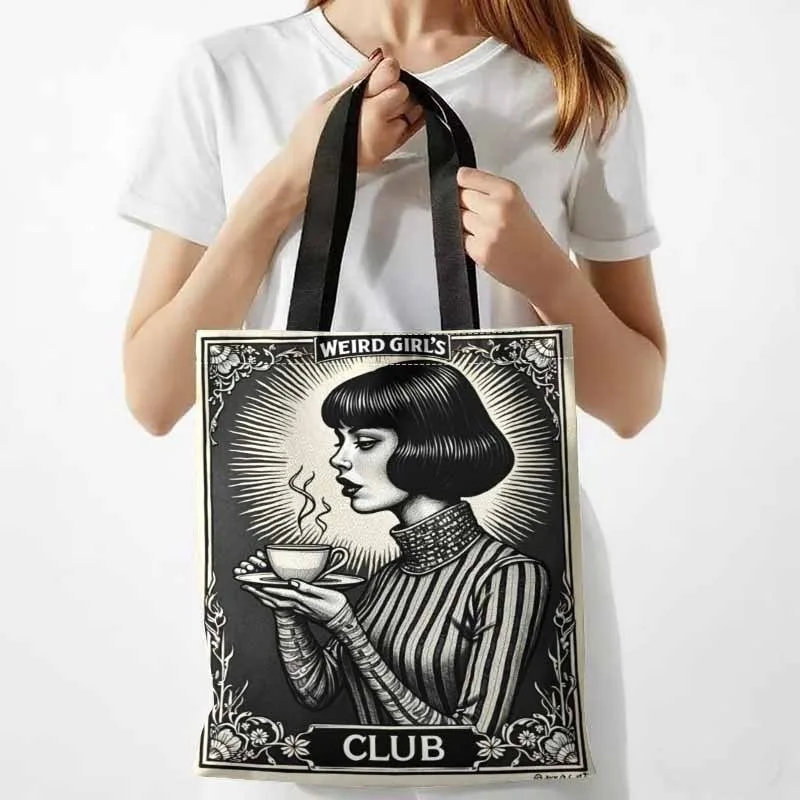 Weird Club Tote Bag 40x38cm Reusable Shoulder Bag Artistic Black White Design Durable Fabric Shopping Canvas Storage Bag