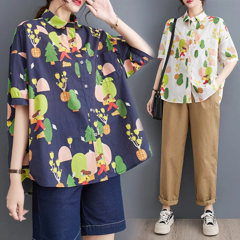 2023 Summer New Design Cartoon Printed Shirts For Women Clothes Loose Fashion All-Match Lapel Casual Short Sleeve Female Boluse