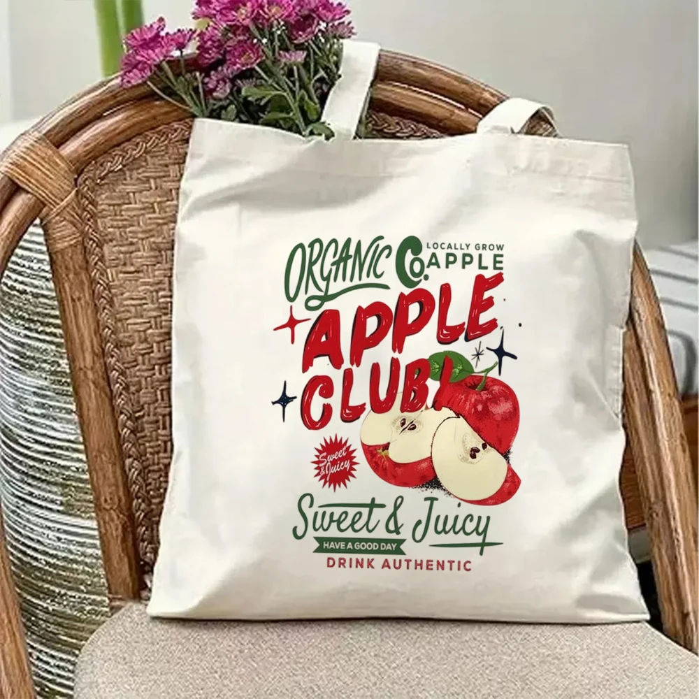 

Vintage Organic Apple Club Canvas Tote Bag Retro Fruit Print Aesthetic Shoulder Purse Reusable Grocery Shopping Handbag